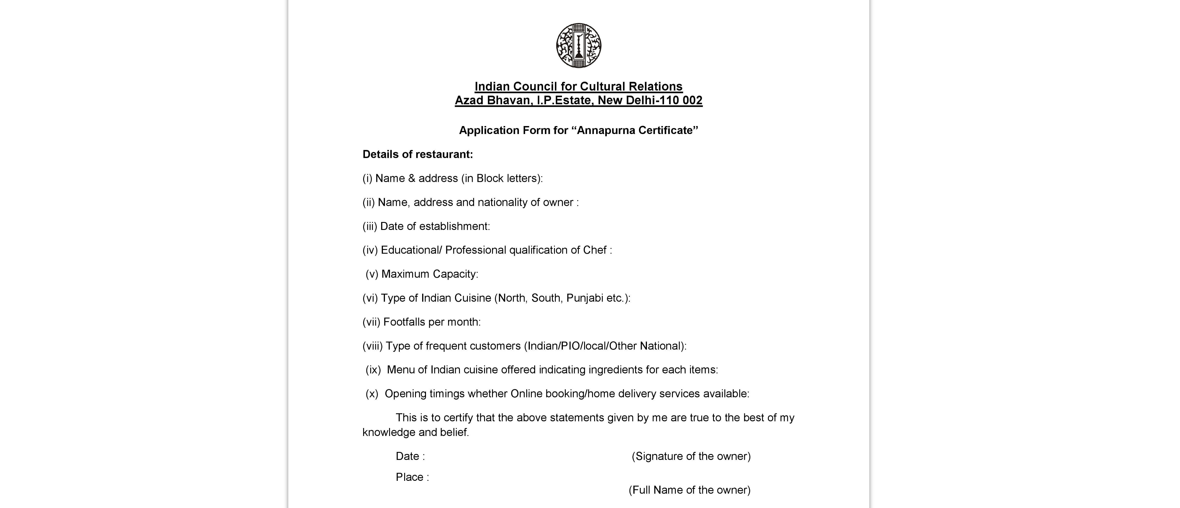  Nomination for ICCR "Annapurna Certificate" - 2022