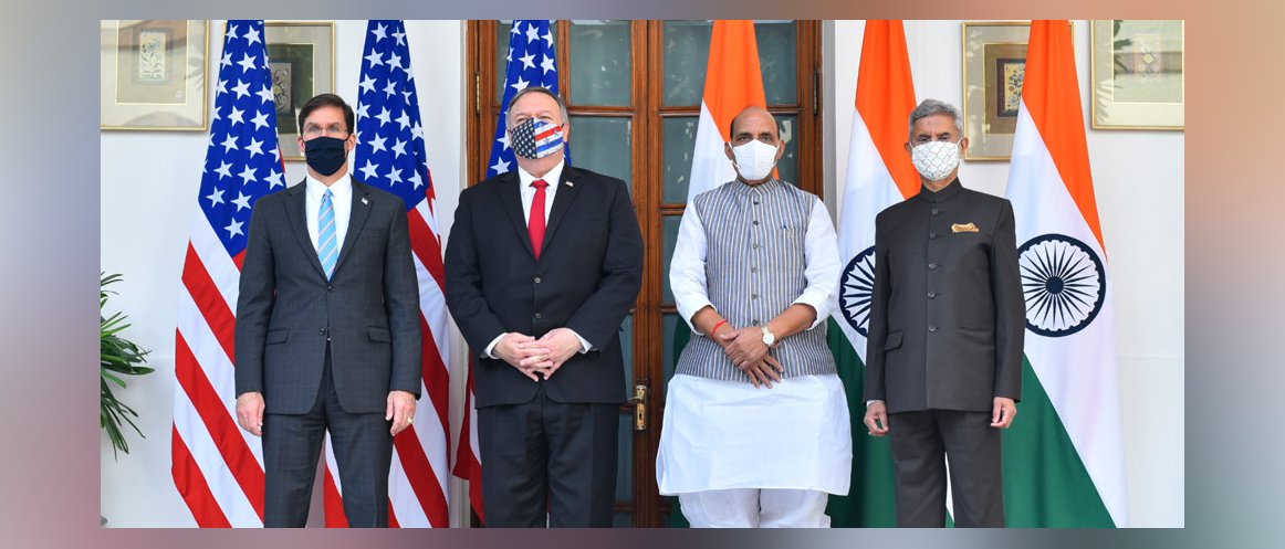  EAM and RM with their U.S. counterparts Secretaries of State and Defense, Michael R. Pompeo and Mark T. Esper at Hyderabad House, New Delhi for 2 plus 2 Ministerial Dialogue